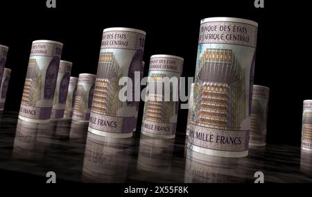 Zentralafrikanisches CFA-Franc Money Kamerun Tschad Kongo Gabun 3D-Illustration. 10000 XAF-Banknotenrollen. Konzept von Finanzen, Wirtschaft, Wirtschaft, Bank, Stockfoto