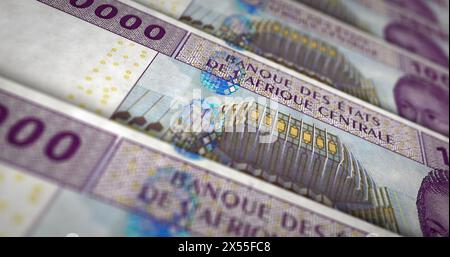 Zentralafrikanisches CFA-Franc Money Kamerun Tschad Kongo Gabun 3D-Illustration. 10000 XAF-Banknotenbündel. Konzept der Finanzierung, Bargeld, Wirtschaft cr Stockfoto