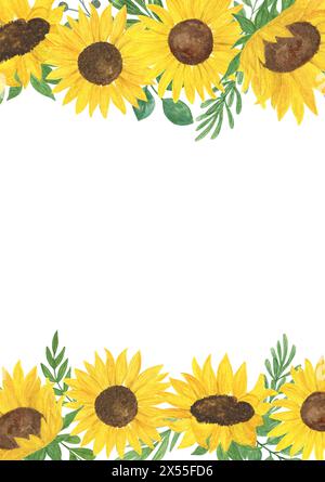 Sonnenblumen, Blätter, Zweige vertikal, horizontaler Rahmen, Aquarellillustration Grußkarte, Hochzeitseinladungsvorlage Konzept für besondere Gelegenheiten Stockfoto