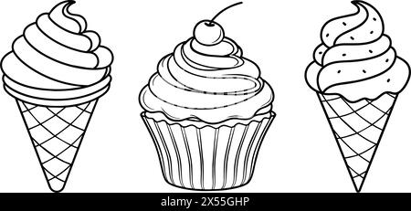 Süße Eiskegel und Cupcake Vektor-Illustration für Malbuch. Handgezeichnete Umrissskizze Stock Vektor