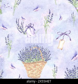 Lavendel- und Schmetterlingsmuster. Strauß purpurner Blüten in Korbkörben. Aquarell Hand gezeichneter Illustrationshintergrund mit Blumenplan Stockfoto