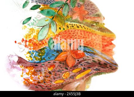 Ein surreales, malerisch anmutendes Profilporträt eines lächelnden Mannes Stockfoto