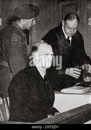 Vidkun Quisling, hier vor Gericht in Oslo gesehen, 1945. Vidkun Abraham Lauritz Jonssøn Quisling, 1887–1945. Norwegischer Offizier, Politiker und Nazi-Kollaborateur. Aus dem Krieg in Bildern, sechstes Jahr. Stockfoto