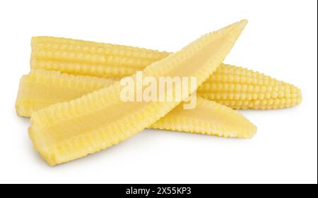 Eingelegte junge Maiskolben isoliert auf weißem Hintergrund Stockfoto