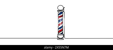 Durchgehende Zeichnung mit einer Stange aus der Friseurhandlung. Friseursalon und Friseurwerkzeuge mit einer durchgehenden, einzeiligen Abbildung. Lineare Vektordarstellung. Stock Vektor
