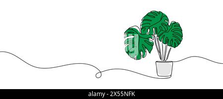 Monstera Haus Pflanze in Topf eine Linie kontinuierliche Zeichnung Vektor Illustration. Symbol „Hand gezeichnet linear“ Stock Vektor