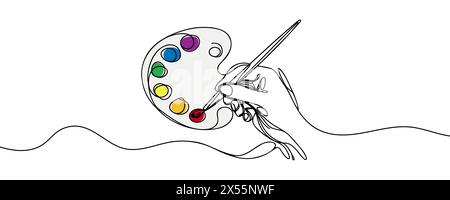 Palette mit Farben und einer Hand mit einem Pinsel, die eine Linie auf weißem Hintergrund gezeichnet hat. Stock Vektor