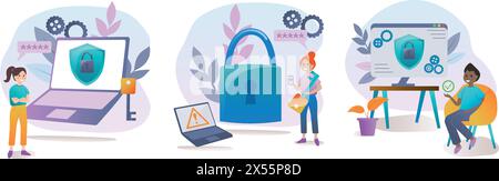Konzept für Cybersicherheit und Passwortstärke. Set von Anliustrationen im Cartoon-Stil. Menschen schützen Computer und Smartphones mit sicheren Passwörtern. Verwenden Stock Vektor
