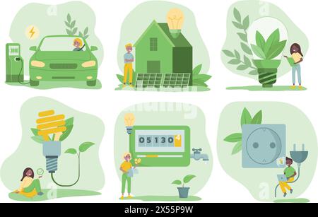 Illustration zur Nachhaltigkeit in flachem Stil. Energiesparlampe, Elektrofahrzeug, Solarpaneele, Hausversorgungen, Geräte zum Ausstecken. Grün Stock Vektor