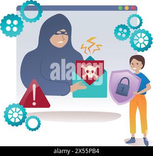 Malware zum Diebstahl von Daten. Sicherheitskonzept für personenbezogene Daten. Cyberkriminelle versuchen, persönliche Daten zu hacken und zu stehlen. Internet-Phishing-Angriff. Personenbezogene Daten Stock Vektor