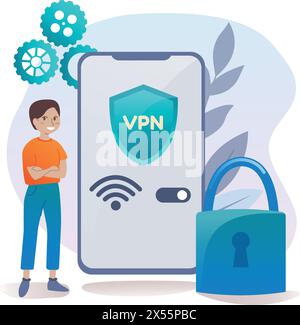 Virtuelles privates Netzwerk und Cybersicherheitskonzept. Person, die VPN für Smartphone mit VPN-Zeichen verwendet. Benutzer schützen persönliche Daten mit dem VPN-Dienst. Vec Stock Vektor