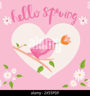 Hello Spring Hand gezeichnete Vektor-Illustration. Jahreszeitschrift mit Vogelhaltung und Blume. Poster in flacher Ausführung. Stock Vektor
