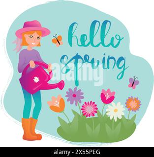 Hallo Frühling Vektor-Illustration. Jahreszeitschrift mit Mädchen mit Gießkanne. Mädchen, das Blumen tränkt. Poster im Cartoon-Stil. Stock Vektor
