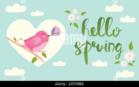 Hello Spring Hand gezeichnete Vektor-Illustration. Jahreszeitschrift mit Vogelhaltung und Blume. Poster oder Banner in flacher Form. Stock Vektor