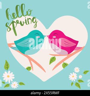 Frühlingskarte mit zwei küssenden Vögeln auf dem Zweig. Saisonale Beschriftung Hallo Frühling, handgezeichnete Vektor-Illustration. Poster, Postkarte, Banner Stock Vektor