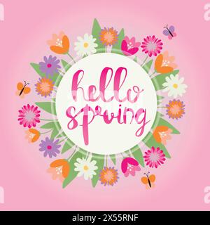 Hallo Frühlingskarte mit dekorativem Blumenrahmen, Vektorillustration, rosa Hintergrund mit Platz für die Beschriftung Stock Vektor