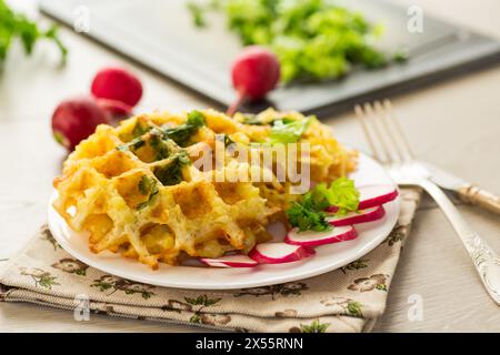 Gebratene knusprige Gemüskartoffelwaffeln. Stockfoto