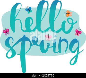Hello Spring Handrawn Schriftzug, Element mit Schmetterlingen für Postkarten, Poster, Banner. Vektorabbildung. Stock Vektor