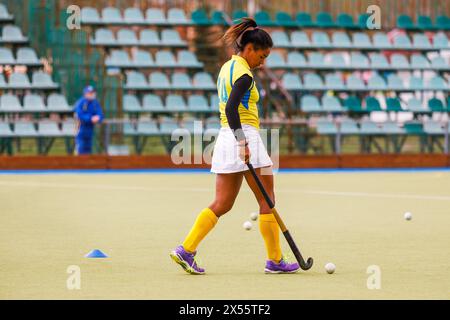 Junge Eishockeyspielerin, die sich vor dem Spiel aufwärmt. Stockfoto