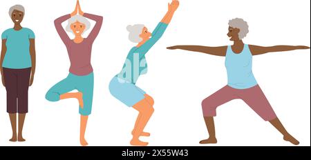 Psychische Gesundheitskonzepte. Seniorinnen beim Yoga. Alte Frauen machen morgens Yoga oder Atemübungen. Isolierte Vektordarstellung. Stock Vektor