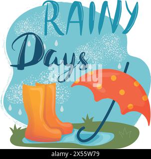 Karte, Poster oder Banner für Regentage. Orangefarbene Stiefel, Regenschirm und Wolken mit Wassertropfen. Vektorillustration im Cartoon-Stil Stock Vektor