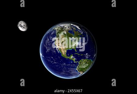 Erde und Mond: Bild des Planeten Erde aus dem Weltraum mit dem Kontinent Nordamerika in der Mitte und dem Mond isoliert im Schwarzen Raum Stockfoto