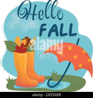 Regenschirm und Gummistiefel auf Gras. Bunte Karte mit regnerischem Wetter und Herbststimmung. Illustration des flachen Vektors auf weißem Hintergrund isoliert Stock Vektor