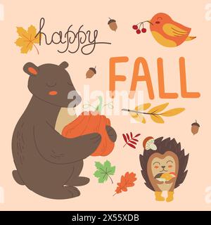 Vektor-Herbst-Hintergrund mit niedlichem Vogel, Bär und Igel, fallenden Blättern, Ästen und Text glücklicher Herbst in flacher Art. Kindlicher natürlicher Hintergrund wi Stock Vektor