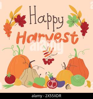 Happy Harvest. Set mit Herbstblättern, Gemüse und Früchten. Banner mit Inschrift, Hintergrund mit Blättern und Ernte. Abbildung des Farbvektors. Fl Stock Vektor