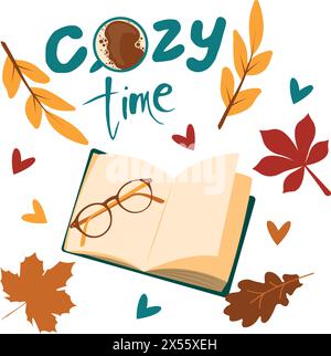 Gemütliches Zeitschreiben umgeben von Buch, Tasse Kaffee, Herbstlaub, Gläsern. Herbstliche gemütliche Stimmung. Vektorabbildung in abgewickelter Form. Stock Vektor