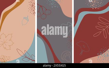 Sammlung von Herbsthintergründen für Social-Media-Banner. Satz von Vorlagen für instagram Stories. Vektorabdeckung. Mockup für persönlichen Blog oder Shop. Stock Vektor