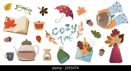 Vektor-Set von Herbstsymbolen Tasse Kaffee, fallende Blätter, gemütliche Zeit, Buch, Kerzen und Teekanne. Scrapbook-Kollektion mit Elementen der Herbstsaison. Helles el Stock Vektor