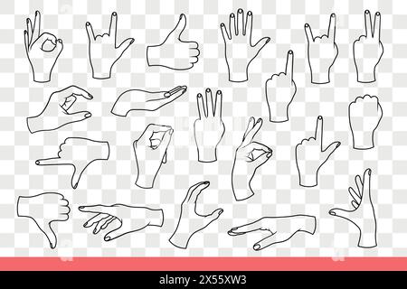 Verschiedene Gesten werden mit Händen von Frauen gemacht, die mit Armen signalisieren. Satz von Gesten Daumen nach oben und unten oder OK-Symbol und Zahlen mit Anzahl der Finger beim Gesten. Handgezeichnete Kritzelei Stock Vektor