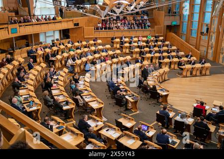 John Swinney spricht vor der Kammer, nachdem er als erster Minister im schottischen Parlament in Edinburgh gewählt wurde. Bilddatum: Dienstag, 7. Mai 2024. Stockfoto