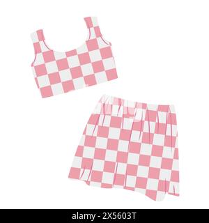 Pinkfarbenes, trendiges Oberteil und Rock für Frauen in flachem Stil, Barbiecore-Ästhetik. Illustration der Vektorskizze isoliert auf weißem Hintergrund, niedliche Designelemente. Stock Vektor