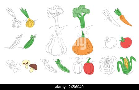 Gemüseset im Zeichnungsstil mit durchgehender Strichgrafik. Minimalistische schwarze lineare Skizze für Gemüse und farbige Skizze isoliert auf weißem Hintergrund. Vec Stock Vektor