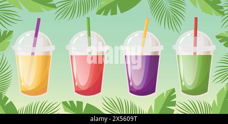 Tropische Cocktails. Alkoholfreie Sommerferien und Getränke für Strandpartys. Ananas- oder Orangensaft, Wassermelonen-Limonade, Heidelbeere-Limonade, k Stock Vektor