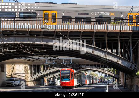 Regionalzug Rhein-Ruhr-Express auf einer der Brücken über die Deutz-Müelheimer-Straße im Stadtteil Deutz, Straßenbahnlinie 3, Köln, Deutschland. Rechts Stockfoto