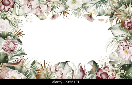 Blumenbanner mit tropischen Blättern in Wasserfarben. Stockfoto