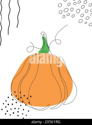 Durchgehende, einzeilige Zeichnung von Kürbis. Schwarze Strichgrafik auf weißem Hintergrund mit bunten Punkten und Elementen. Poster im Minimalismus-Konzept. Vektorillustr Stock Vektor
