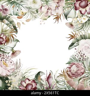 Blumenbanner mit tropischen Blättern in Wasserfarben. Stockfoto