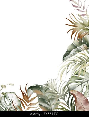 Blumenbanner mit tropischen Blättern in Wasserfarben. Stockfoto