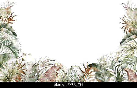 Blumenbanner mit tropischen Blättern in Wasserfarben. Stockfoto