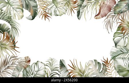 Blumenbanner mit tropischen Blättern in Wasserfarben. Stockfoto