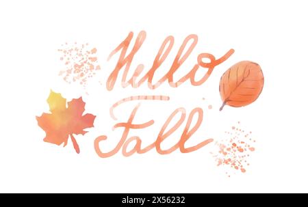 Handgeschriebener Pinsel trendiges Zitat Hallo Herbst. Herbstvektorbeschriftung mit handgezeichneten Blättern und Pinselstrich. Poster, Broschüre, Internet, Werbung Stock Vektor