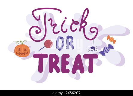 Trendige, einfache Vektorbeschriftungen mit kleiner Spinne, Süßigkeiten und Kürbis. Weihnachtsbeschriftung für Banner. Happy Halloween Poster, Gruß c Stock Vektor