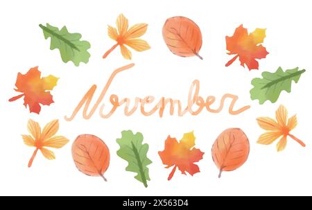 Handgeschriebenes, trendiges Zitat im November. Aquarell Herbstvektorbeschriftung mit Doodle Hand gezeichnete Blätter. Poster, Broschüre, Web, Werbung, Flyer Stock Vektor