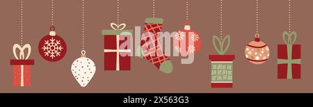 Set mit Weihnachtsbaumspielzeug und Dekoration. Abbildung in flacher Ausführung. Vektordesign-Vorlage. Dekoration der Saison, Weihnachten und Neujahr, Stock Vektor