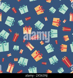 Weihnachten dunkelblau, rot, gelb und hellblau Vektor nahtlose Muster. Weihnachten Hintergrund. Viele Geschenke in verschiedenen Farben und Größen auf dunkelblauem Hintergrund Stock Vektor