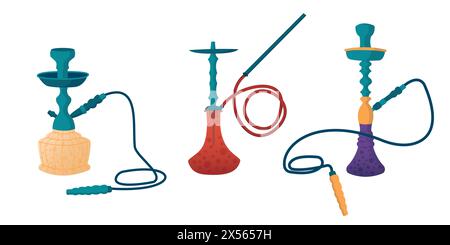 Sammlung von Shisha Illustrationen in flachem Stil isoliert auf weißem Hintergrund. Loungebar und Smoke Shop Ikonen, Shisha Club und Haus Embleme Vektor. Stock Vektor